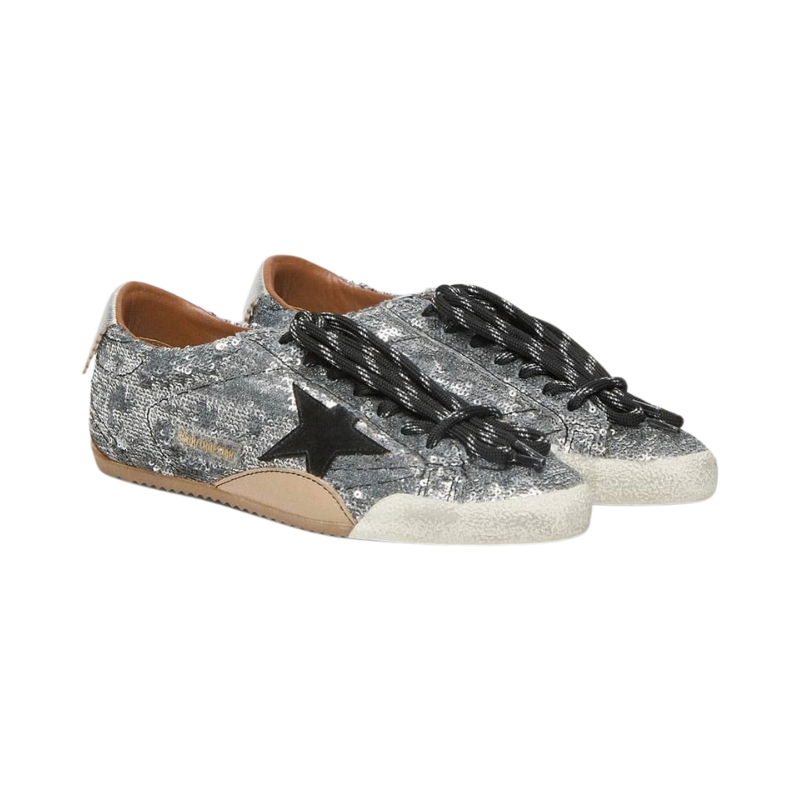 Golden Goose True-Star in silver sequins with black star and silver leather heel tab(Women's)
