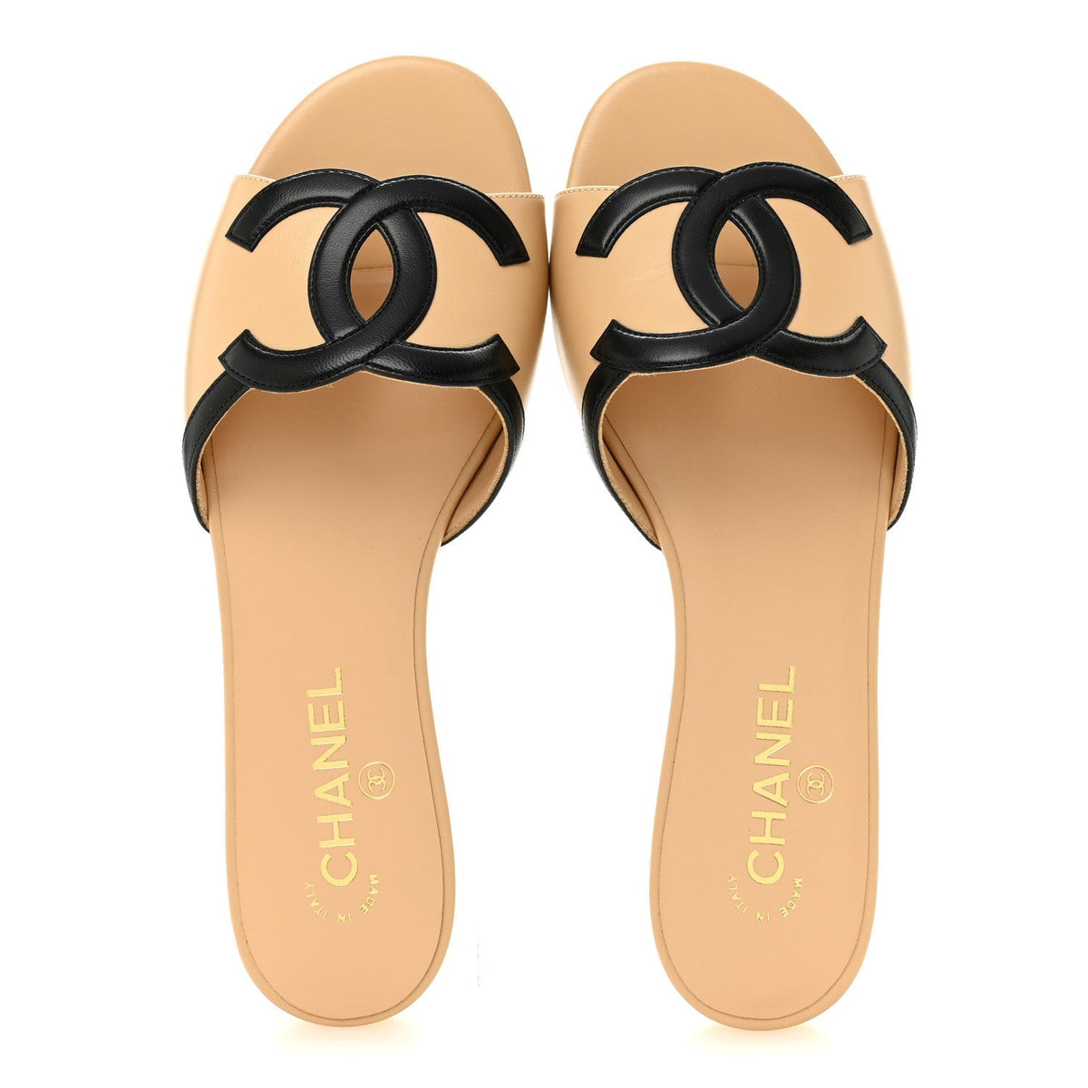 CHANEL Lambskin CC Cutout Sandal Mules– Beige & Black