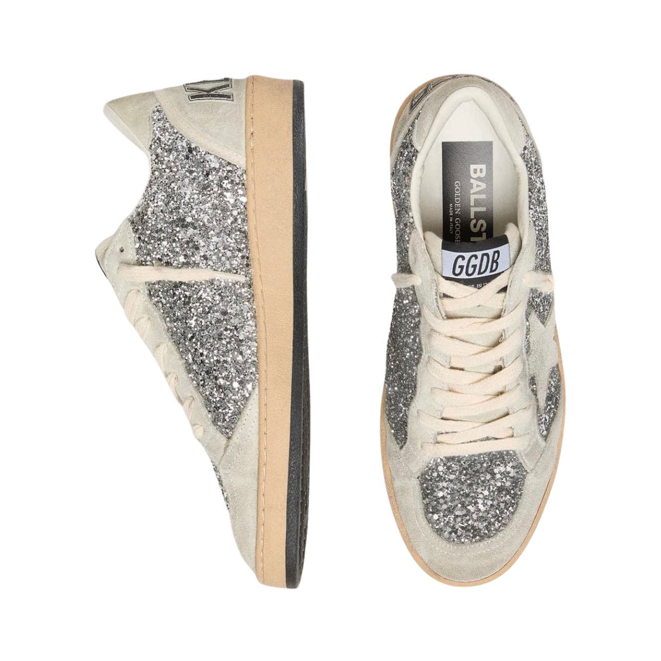 Golden Goose Ball Star in silver glitter with ice-gray suede inserts(women)
