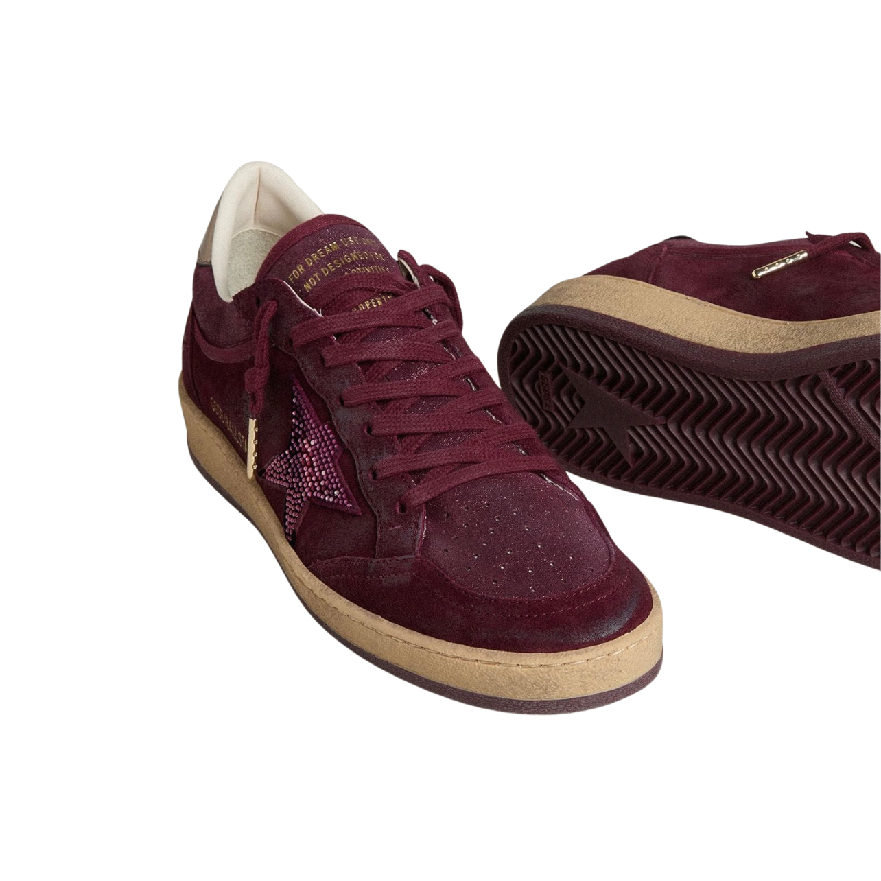 Golden Goose Ball Star in burgundy suede with crystal star and metallic leather heel tab(women)
