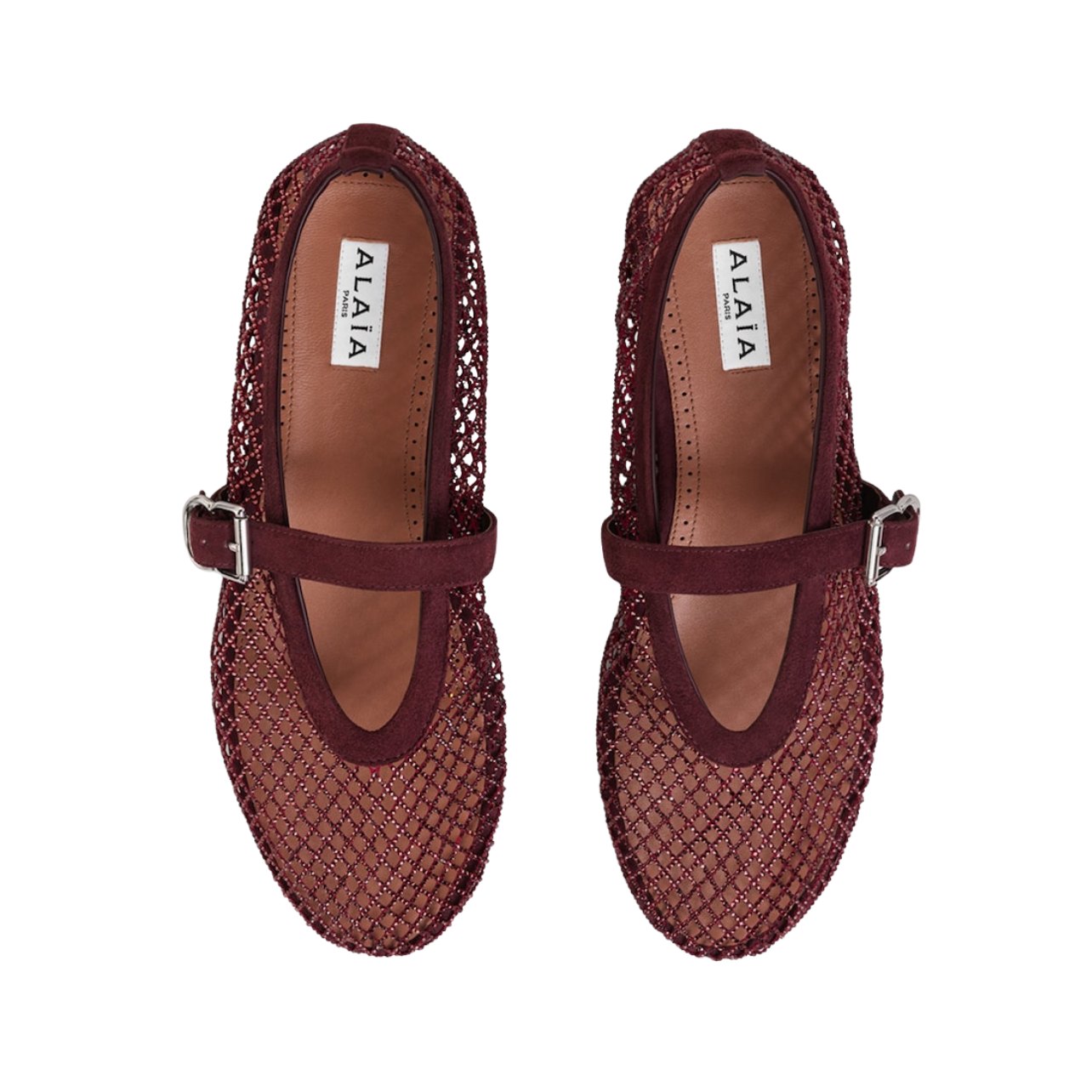 Alaia Fishnet Ballet Flats Burgundy in Crystal Mesh