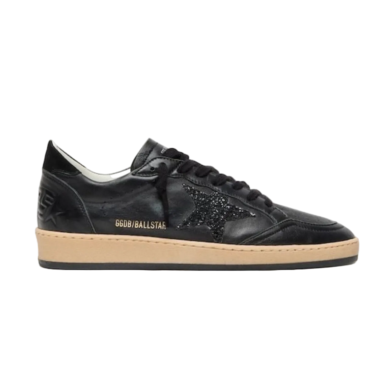 Golden Goose Ball Star in black nappa with black glitter star and suede heel tab(women)